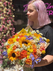 Sunny arrangement styled in setting - luxury bouquet Los Angeles florist
